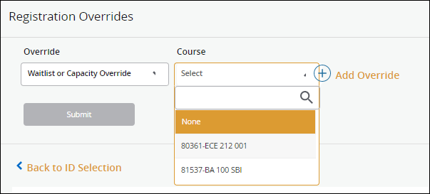 Screenshot of registration override menu